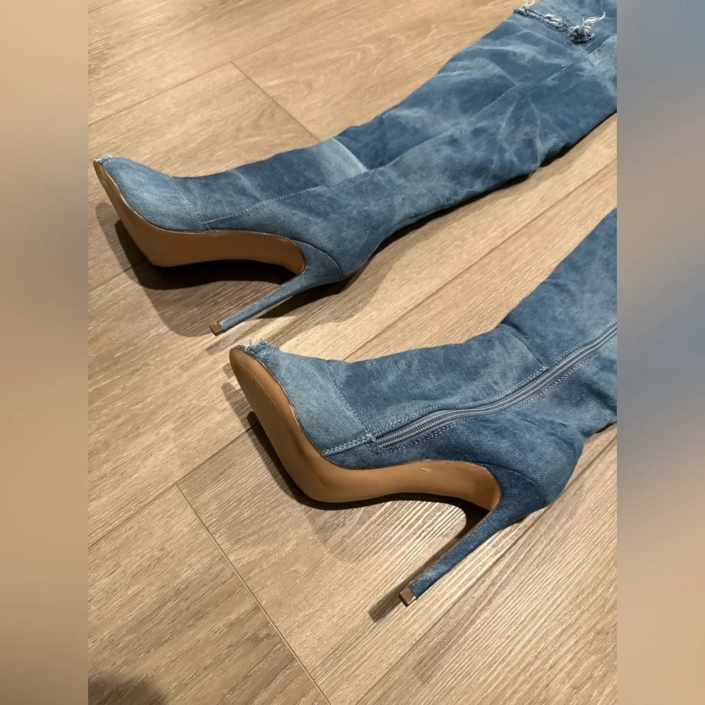 DENIM Over-the-Knee Peep-Toe Boots - Blue - Picture 5 of 9
